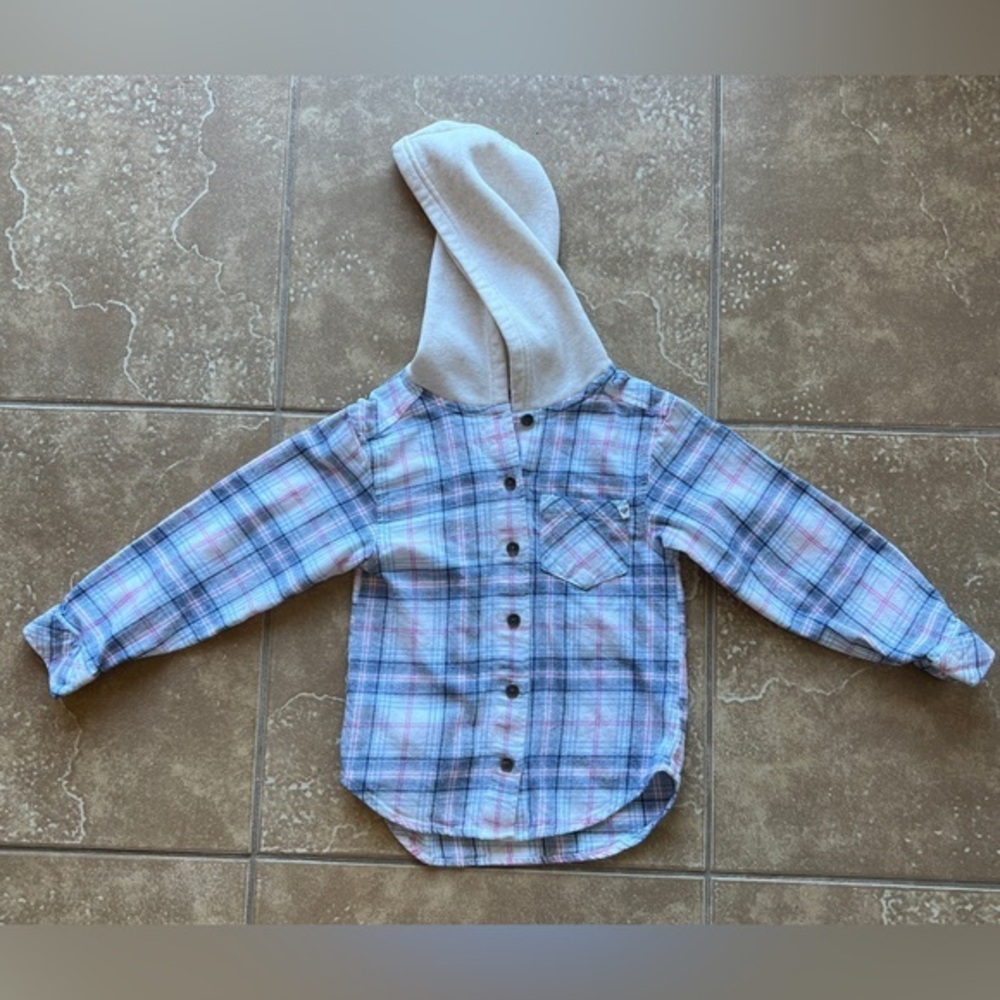 Roxy Girls Blue Pink Plaid Hooded Flannel Shirt Size S 7/8 Long Sleeve Button Up